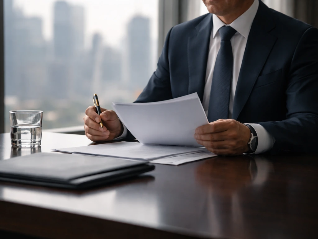 Anonymous businessman in a modern office examining documents near a city skyline view, symbolizing wealth
