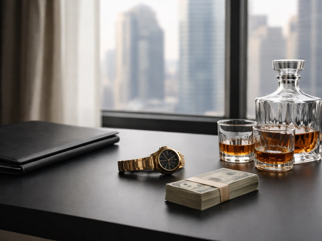 Minimal luxury office desk with banknotes, portfolio, and gold watch by a window with city blur.