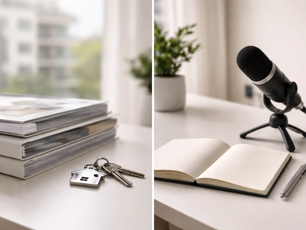 Desk scene showing property folders and keys on one side, microphone and blank notebook on the other.