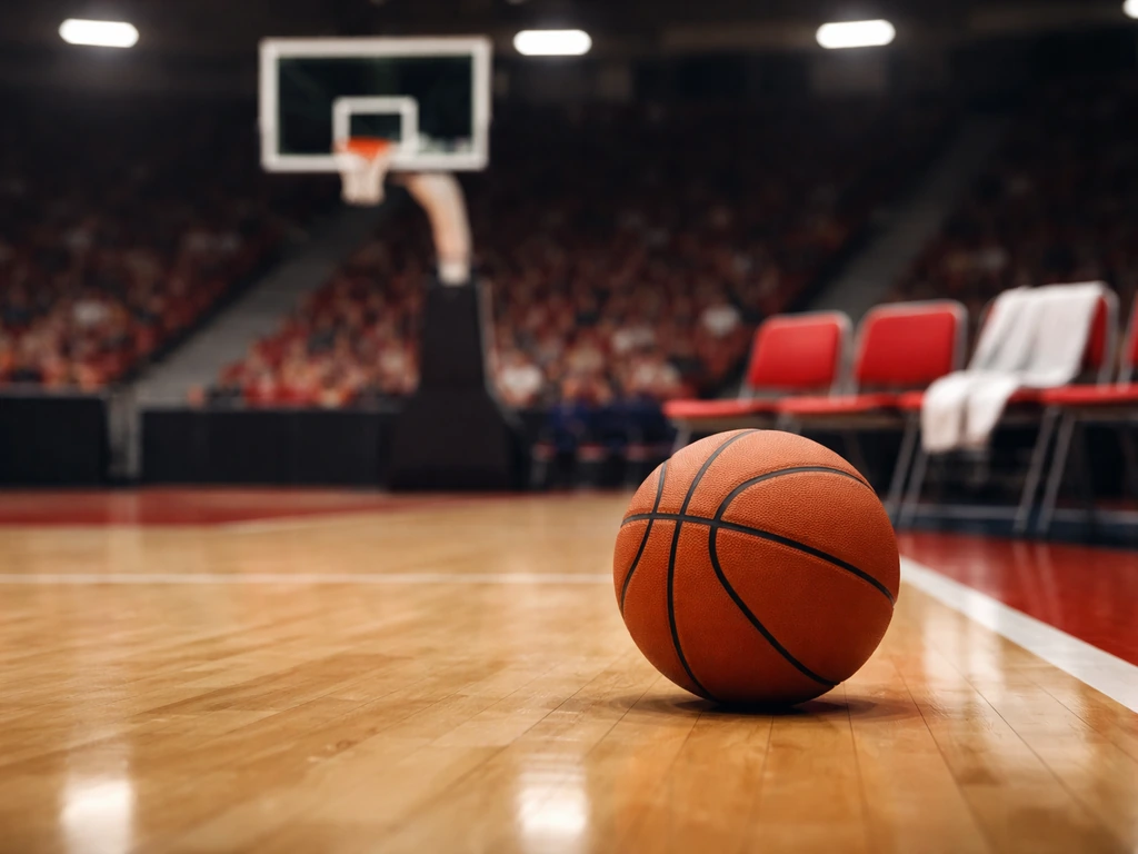 Serbian basketball-inspired arena scene with a blurred basketball and official hoop in the background