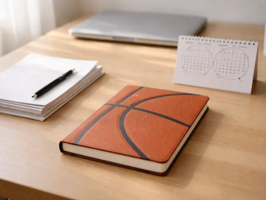 Minimal finance desk scene with a small calendar page marking 2013–14 and a basketball-themed notebook.