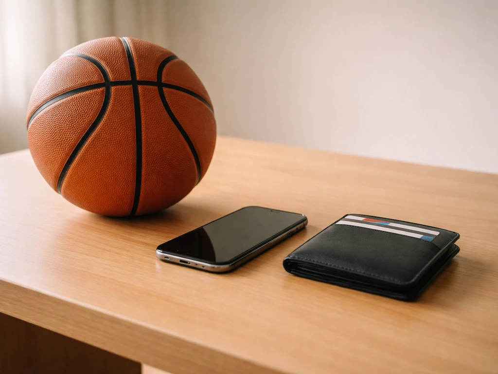 Minimal scene of a dark smartphone beside a leather wallet and EuroLeague-themed basketball in soft light