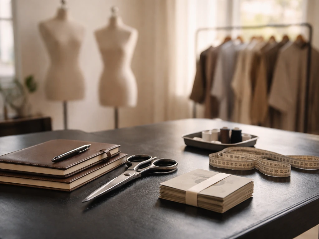 An elegant designer studio desk with leather notebook, cash-like props, and soft city light through a window.
