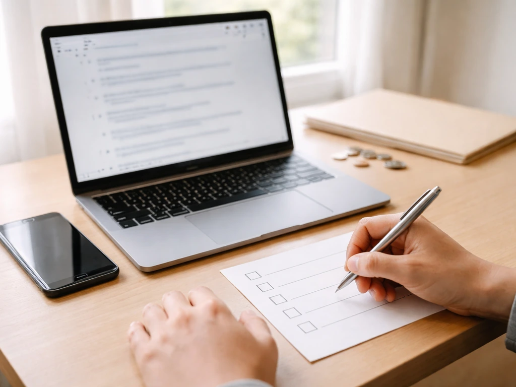 Hands reviewing a blank checklist beside a laptop with blurred search results and coins on a desk.