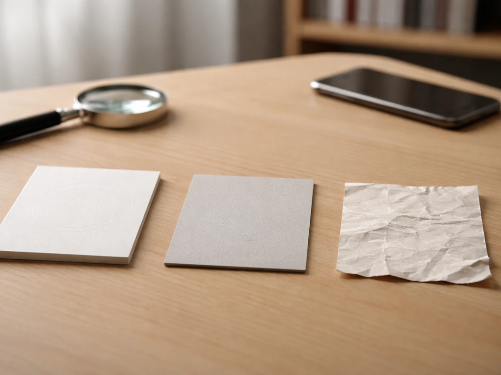 Minimal desk with three card-like papers and a magnifying glass suggesting trusted vs questionable sources.