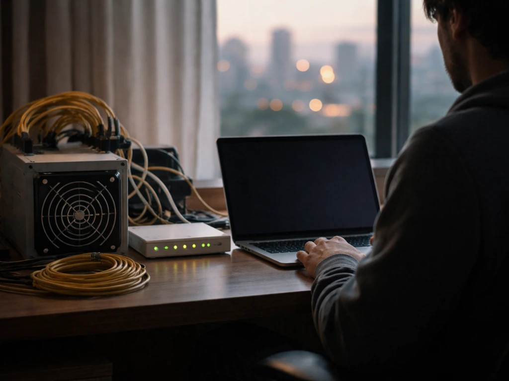 Anonymous office scene with mining hardware, router lights, and a laptop—symbolic crypto exchange/hashpower vibe.
