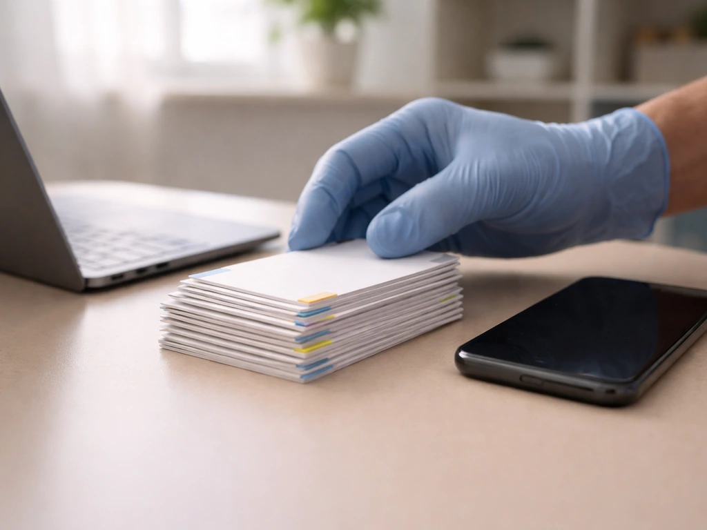 Hands stacking evidence cards beside a laptop, symbolizing combining sources for a net worth estimate