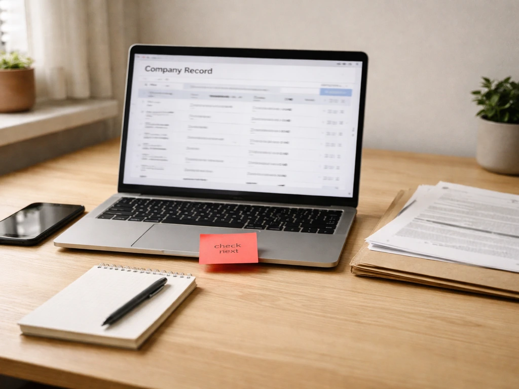 Minimal desk with laptop and documents, suggesting verifying a company registry estimate, no person shown.