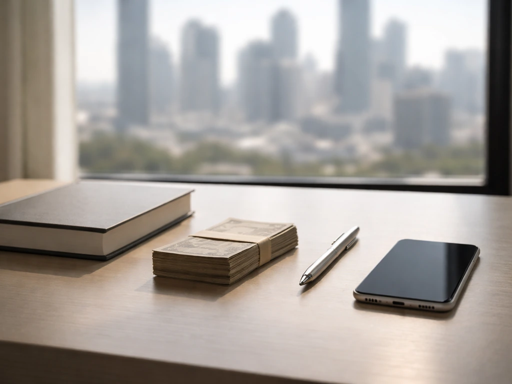 Anonymous finance desk with business book, blank-phone screen, and money-like props in natural light.