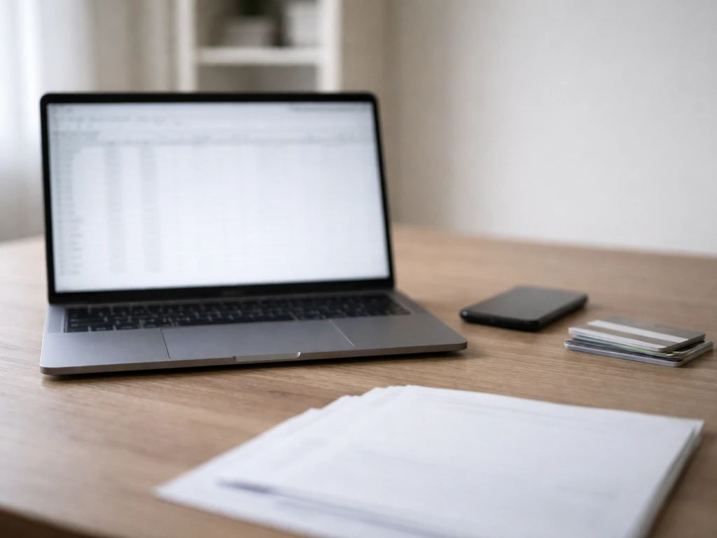 Close-up of a desk with a laptop and smartphone beside blurred credit cards, suggesting multiple public signals
