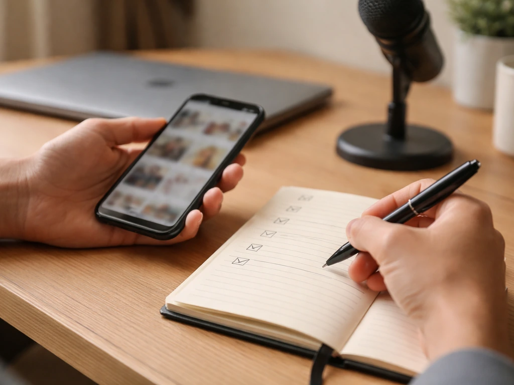 Hands doing a blank checklist on a desk beside a smartphone and microphone for media credit tracking.