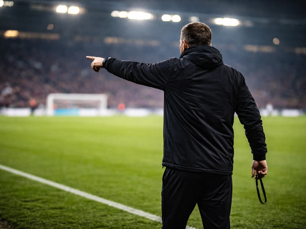A Serbian football coach on the pitch in a stadium, holding a whistle near the touchline