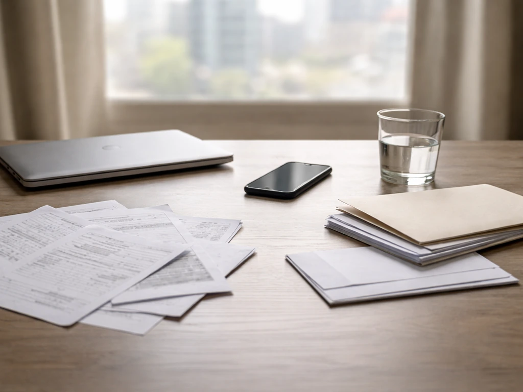 Minimal office desk scene with scattered documents and a smartphone, symbolizing unverifiable net worth estimates.