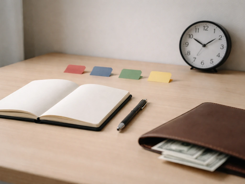 Minimal desk scene with a timeline-like arrangement of colored tabs, clock, and portfolio hinting earnings periods.
