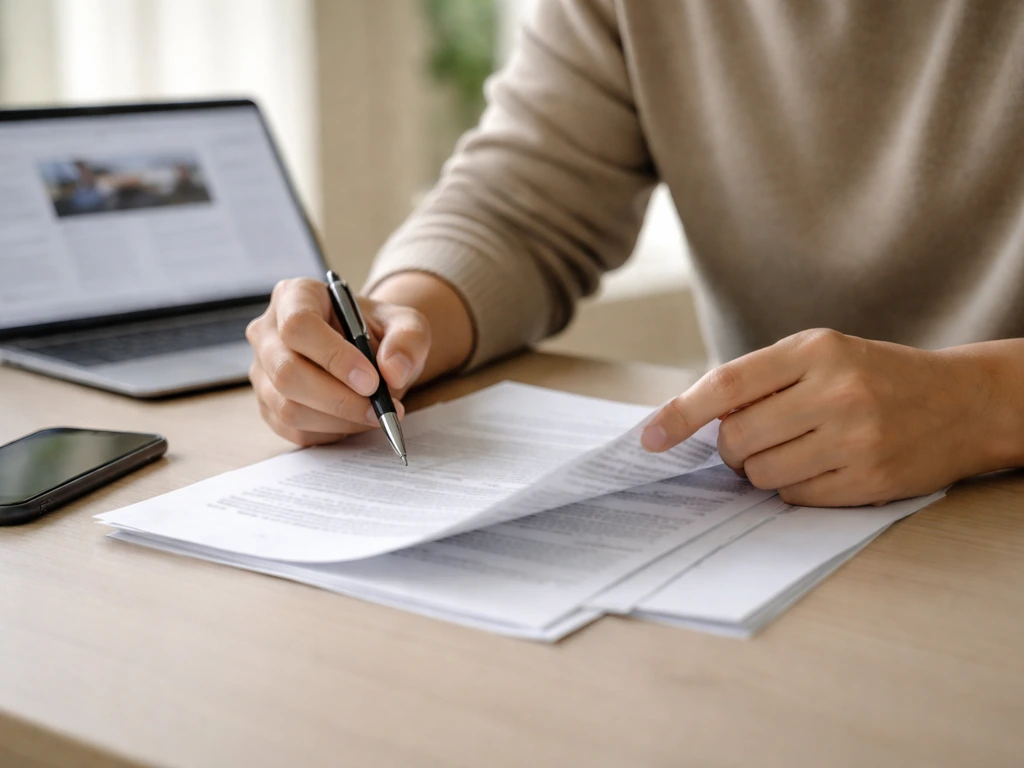 Person at a desk reviewing documents near a smartphone, representing verifying and updating a net worth figure.