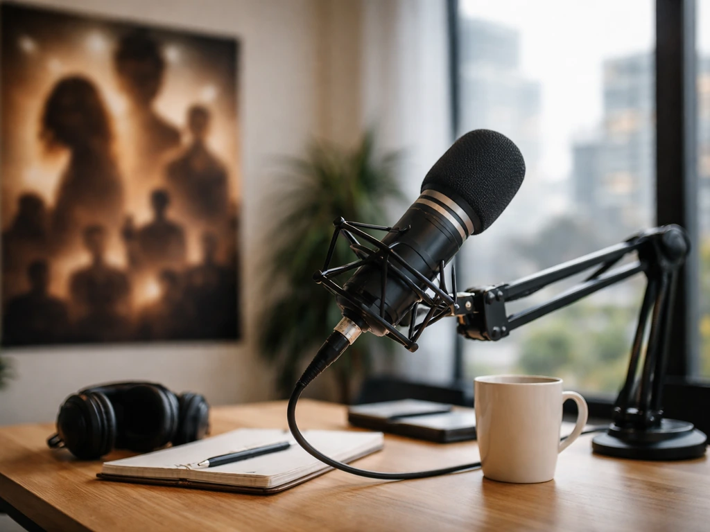 Minimal entertainment-media office scene with a blurred film poster and microphone on a desk