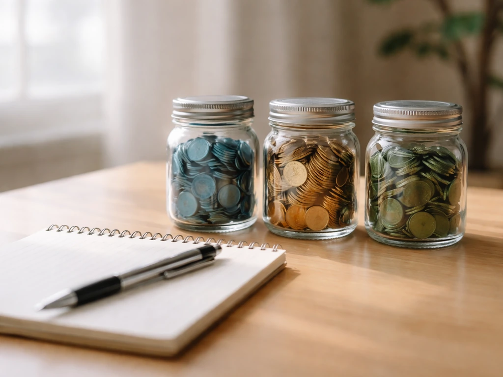 Three unlabeled glass jars on a desk symbolizing different income sources in natural light.