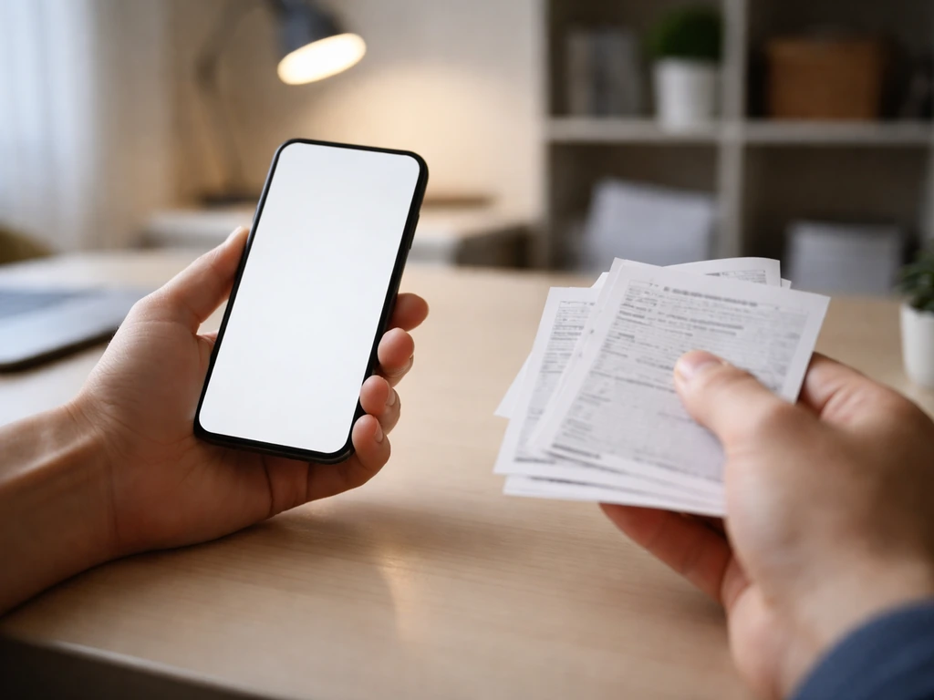 Close-up of hands holding a passport and smartphone while comparing film titles on a notes app, no readable text.