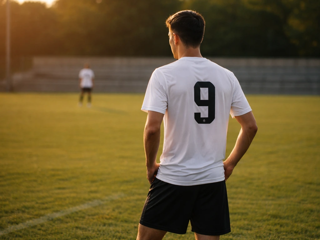 Anonymous footballer on a quiet pitch, shown from behind with no identifiable face or logos.