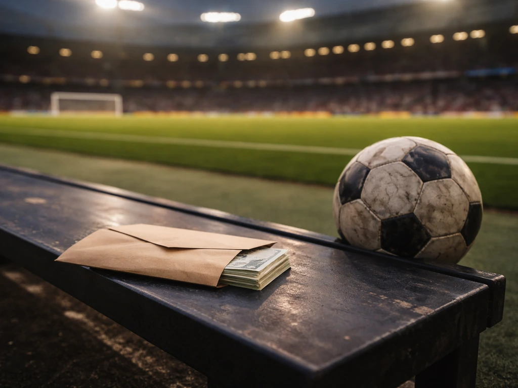 West Ham-era football setting with money symbolism—empty pitch corner by a cash-like envelope on a bench