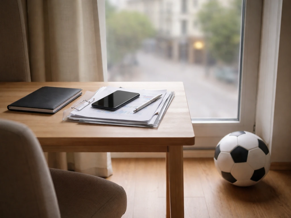 Minimal home-office scene with soccer ball and documents, suggesting transfer-related financial tracking.