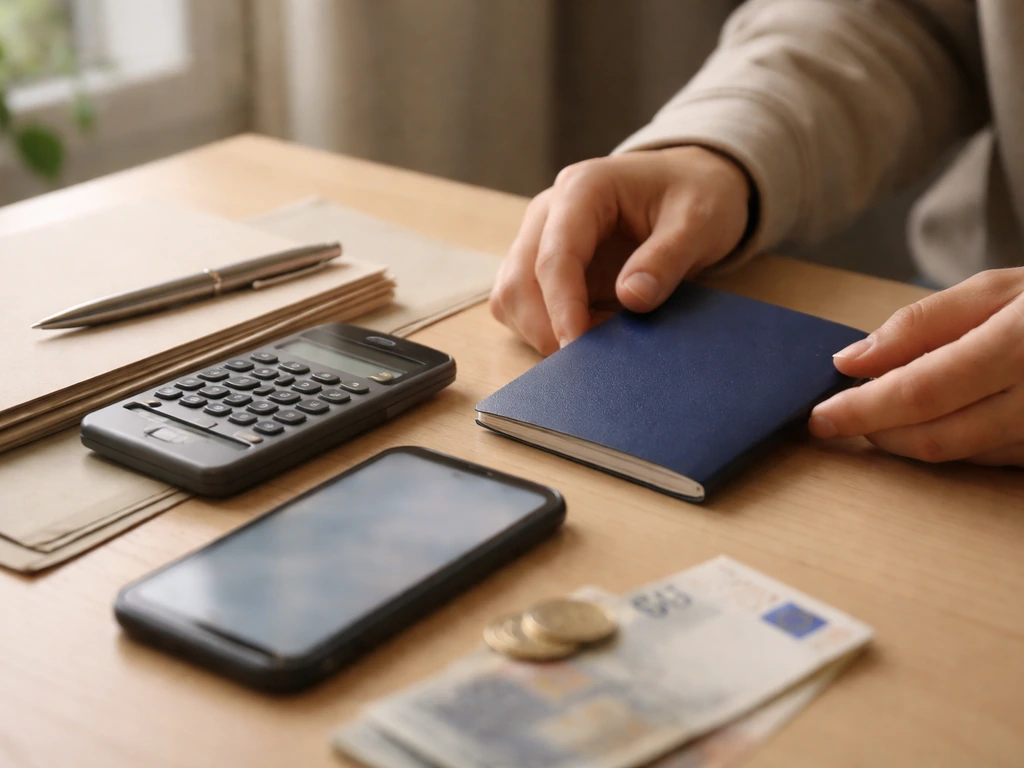 A desk with passport, calculator, and smartphone showing blurred news feeds for verifying identity and figures