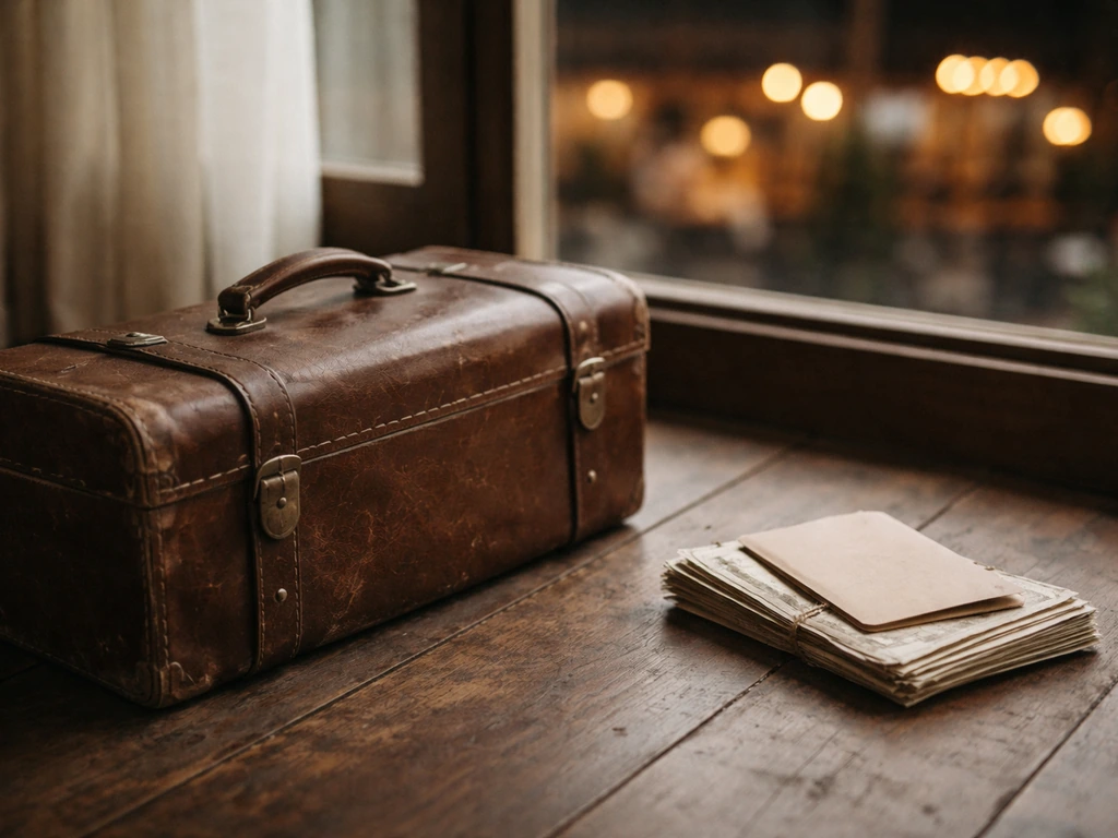 Vintage immigration and dining symbolism: old suitcase, handwritten letters, and a softly lit restaurant window.