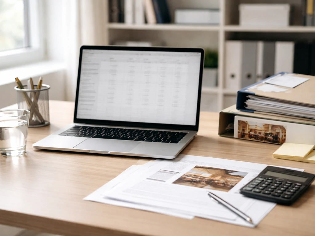 Minimal desk scene with laptop, documents, calculator, and finance materials symbolizing how wealth estimates are built