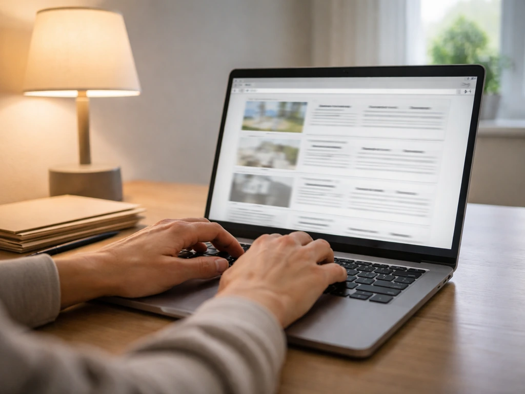 Person at a desk using a laptop to look up public property records for verification.