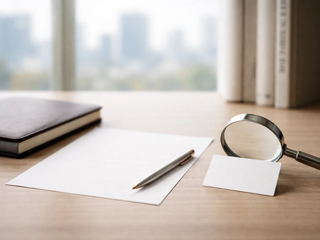 Magnifying glass over blank documents and name cards on a desk, symbolizing net worth research.