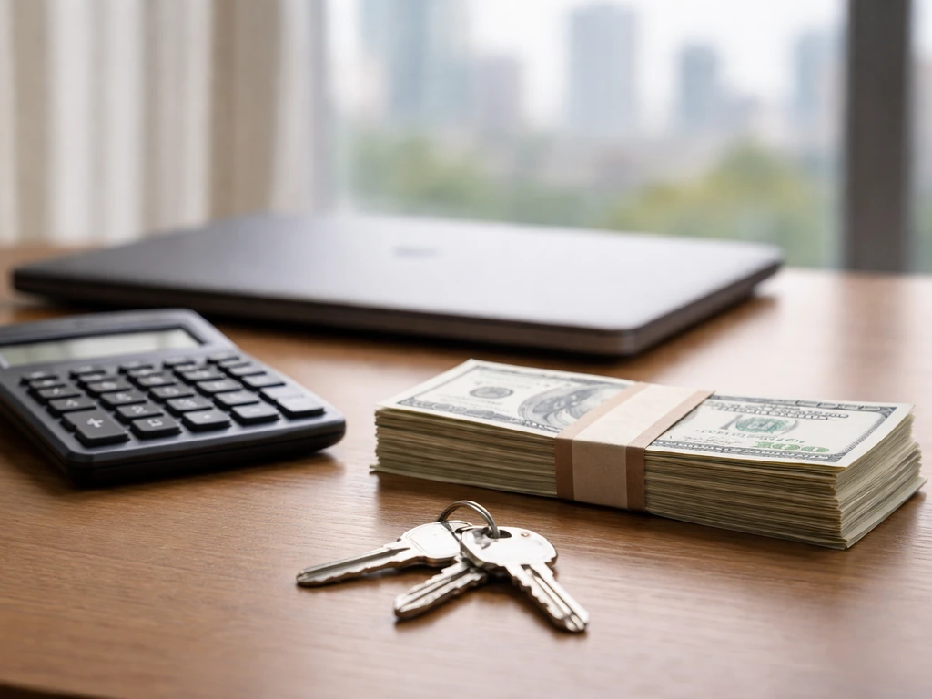 Minimal photo of a calculator and cash with a blurred office background, symbolizing net worth estimate confidence.