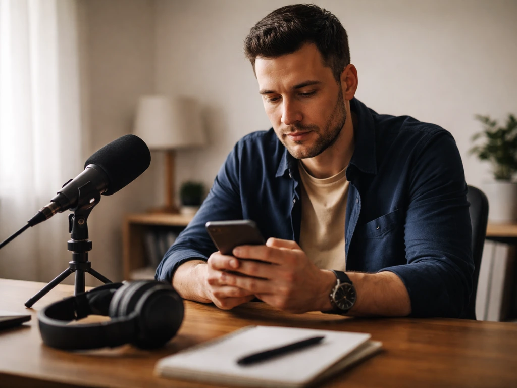 Anonymous Serbian media personality working at a desk with smartphone and studio microphone in natural light.