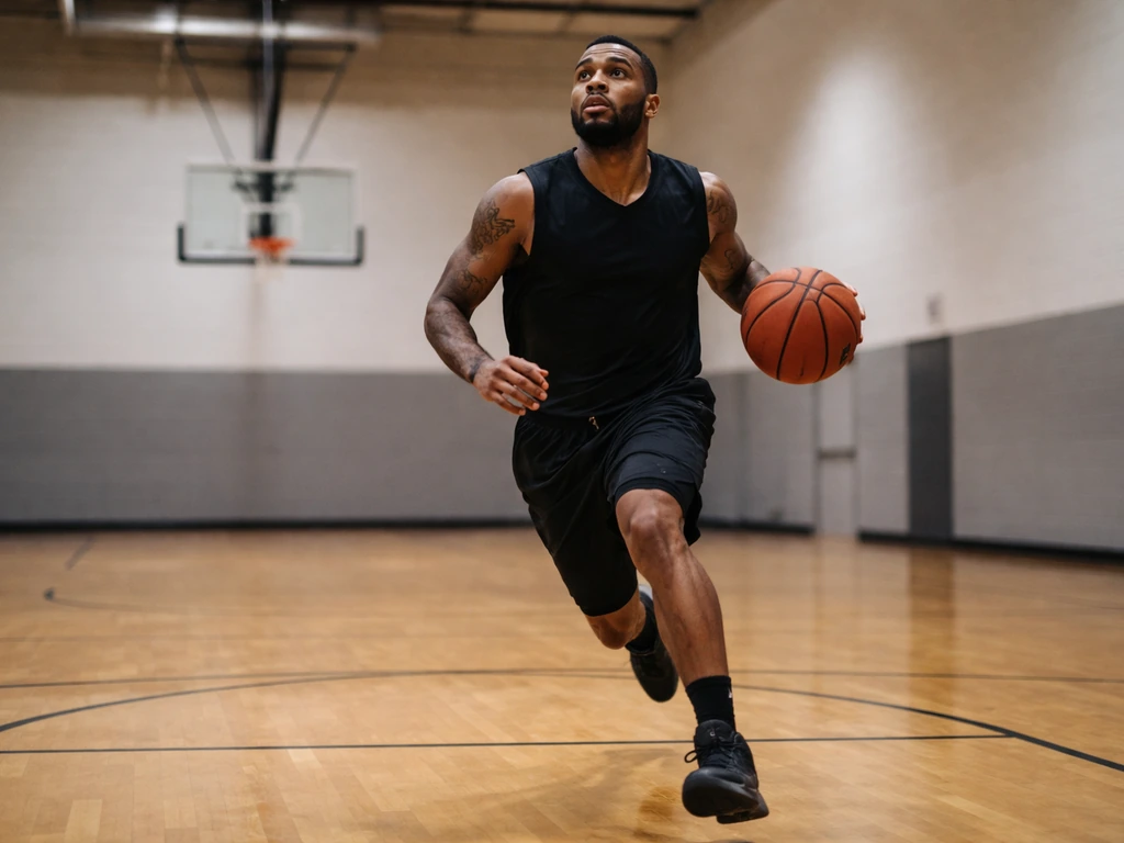 Anonymous pro basketball player mid-drive on an indoor court, holding the ball near the basket.