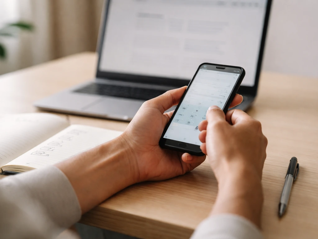 Minimal close-up of a phone, notebook, and pen beside a laptop showing a generic website background for due diligence