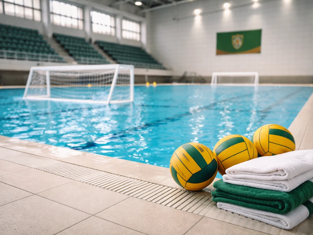 Empty indoor water polo pool with goalposts and Ferencváros-style club colors near the deck.