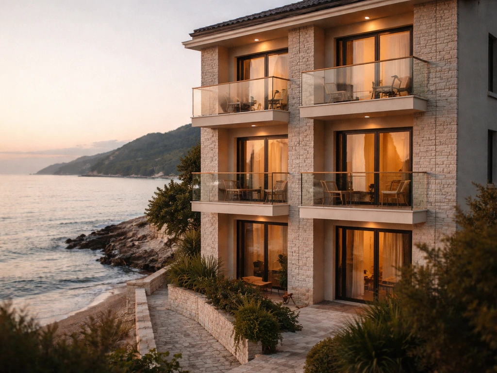 Quiet Adriatic waterfront hotel exterior in Montenegro at golden hour, evoking a hospitality stay.