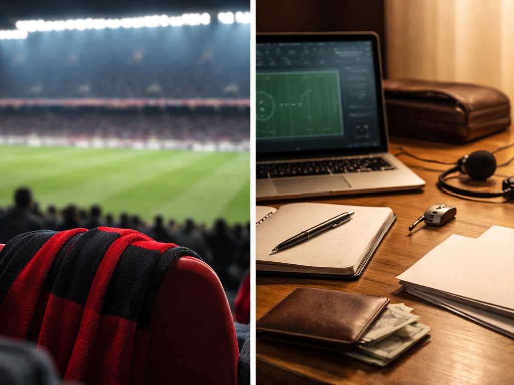 Split-scene photo showing AC Milan match lights and a football coaching desk with payment-style cues