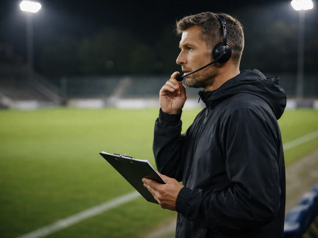 Generic football coach with headset in a sideline technical area, pitch softly blurred behind him.