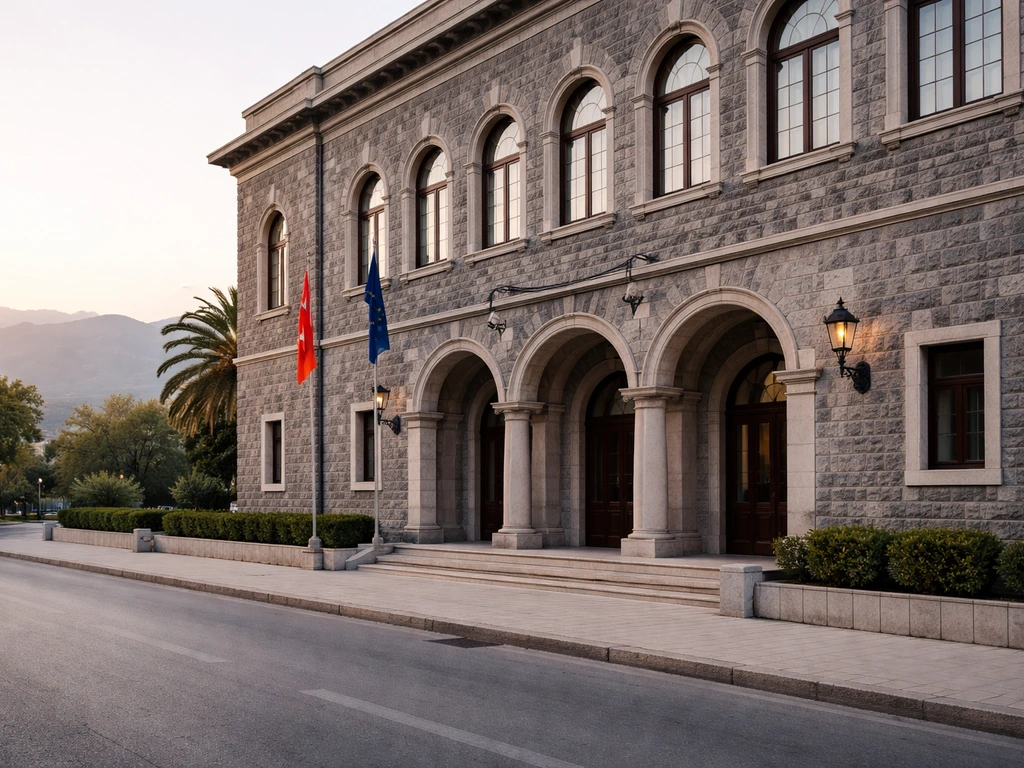 Exterior of a municipal building in Budva, Montenegro, with quiet street and distant mountains.
