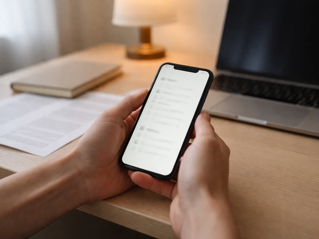 Hand holding smartphone showing a checklist while reviewing documents on a desk with a laptop and smartphone