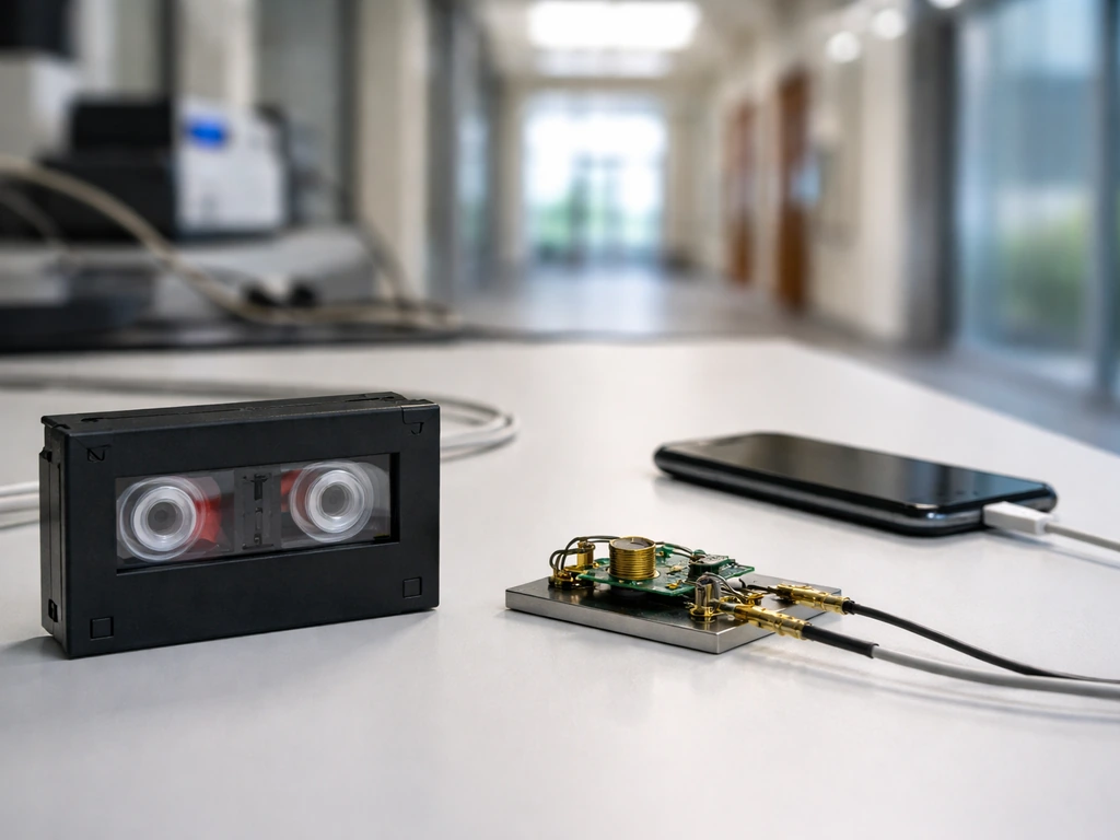 Magnetic storage hardware on a lab bench with a softly blurred university building in the background.