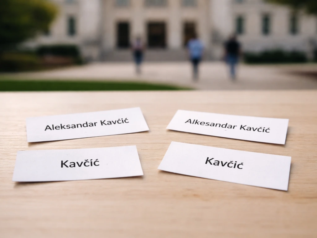 Close-up of scattered name variants on paper with a subtle university-themed background, suggesting name confusion.