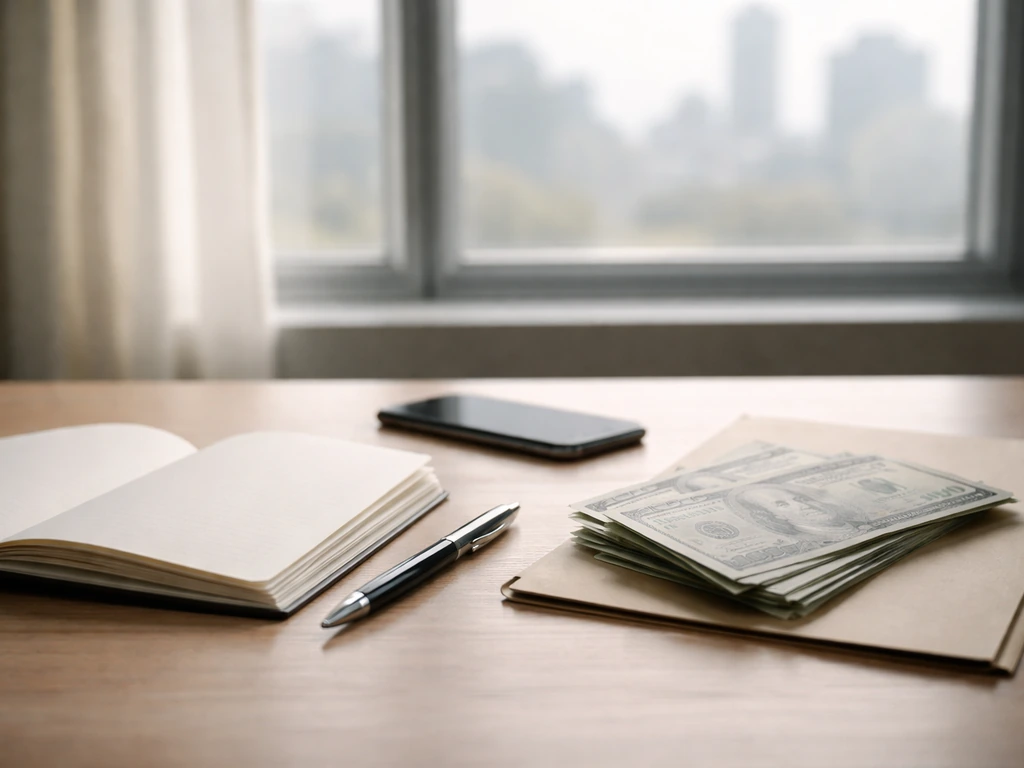 Minimal finance desk scene with blank notes, pen, phone, and neatly fanned bills by a window