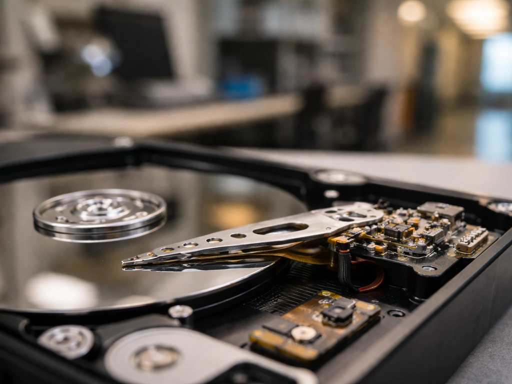 Close-up of an open hard disk drive read channel with blurred research lab cues in the background.