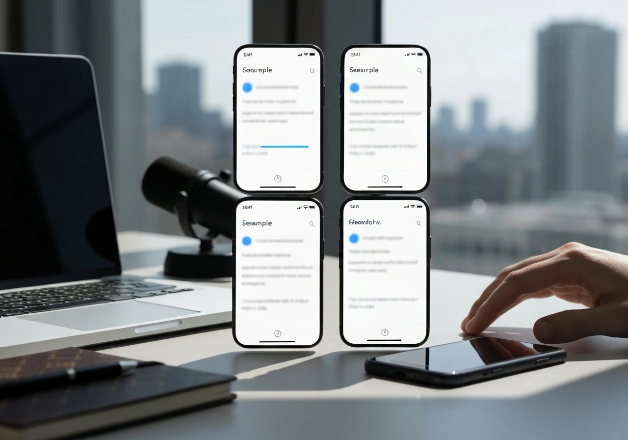 Minimal desk scene with a phone collage suggesting different search variants for a public profile and net worth.