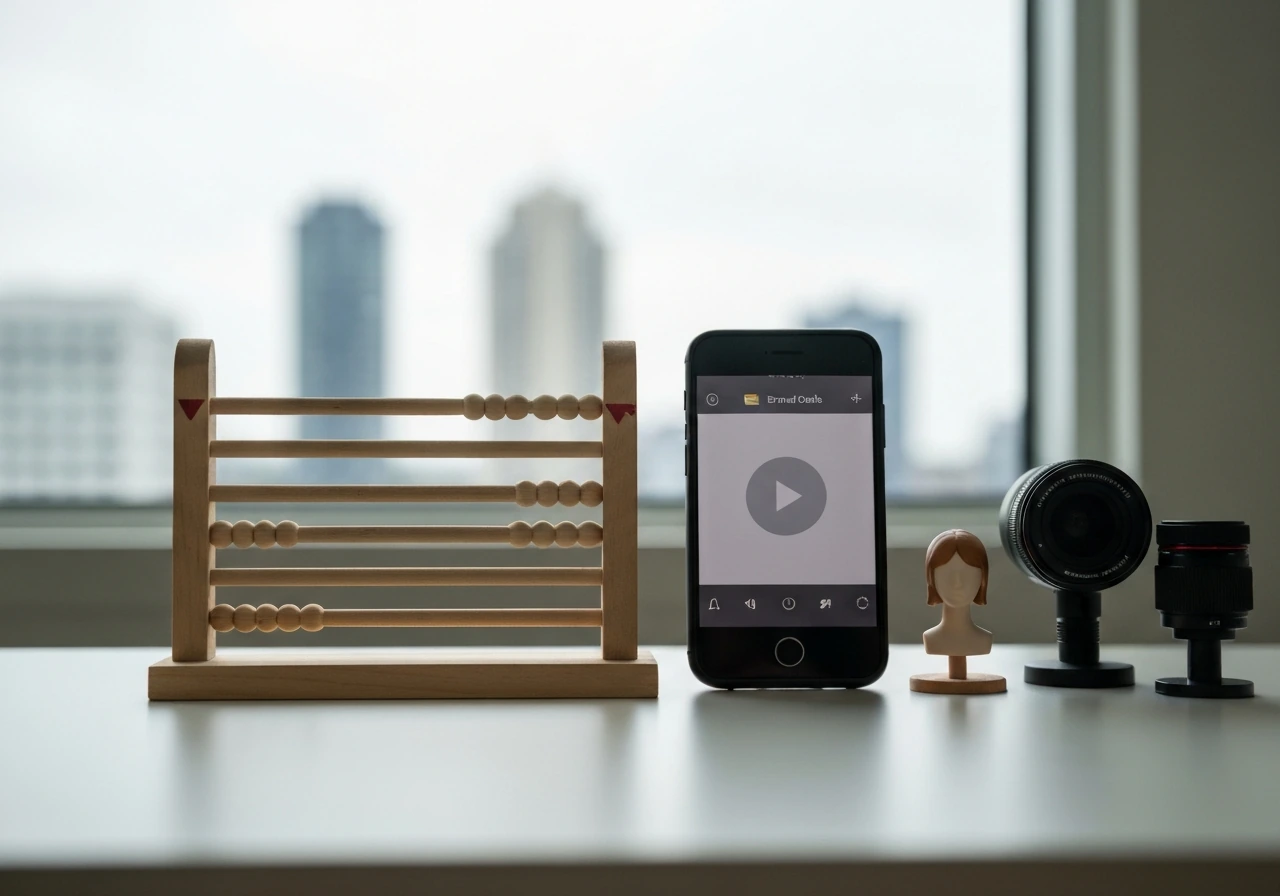 Desk scene with a small adjustable money-range scale and objects symbolizing brand deals and media work.