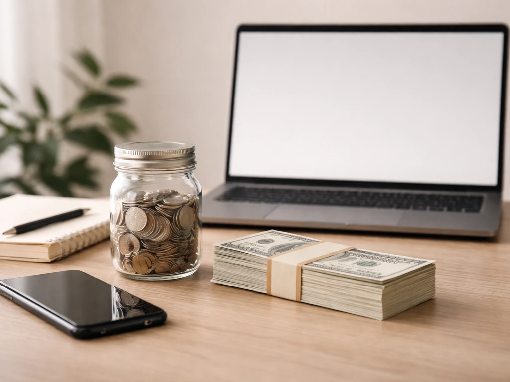 Minimal desk scene with coins, cash, and notebook symbolizing building an estimated net worth range.