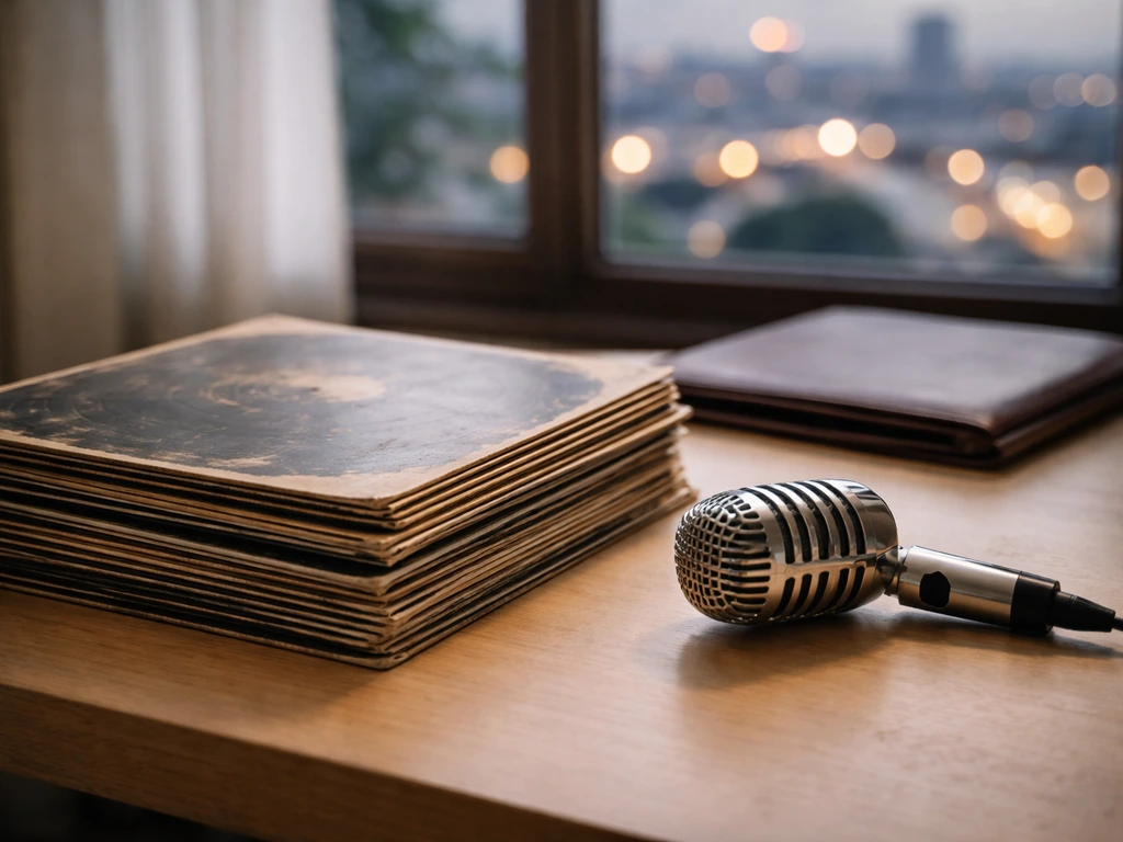 Minimal tabletop still life of vinyl records, album sleeve, and a closed portfolio with soft city light bokeh.