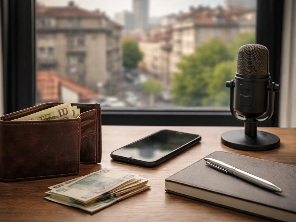 Anonymous desk scene with money, smartphone, and microphone symbolizing wealth in Balkan entertainment