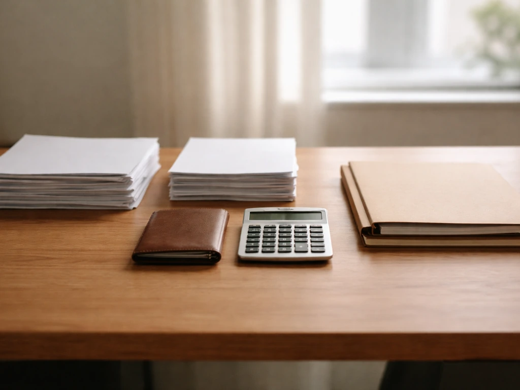 Minimal office desk with papers and a calculator arranged to symbolize assets minus liabilities.
